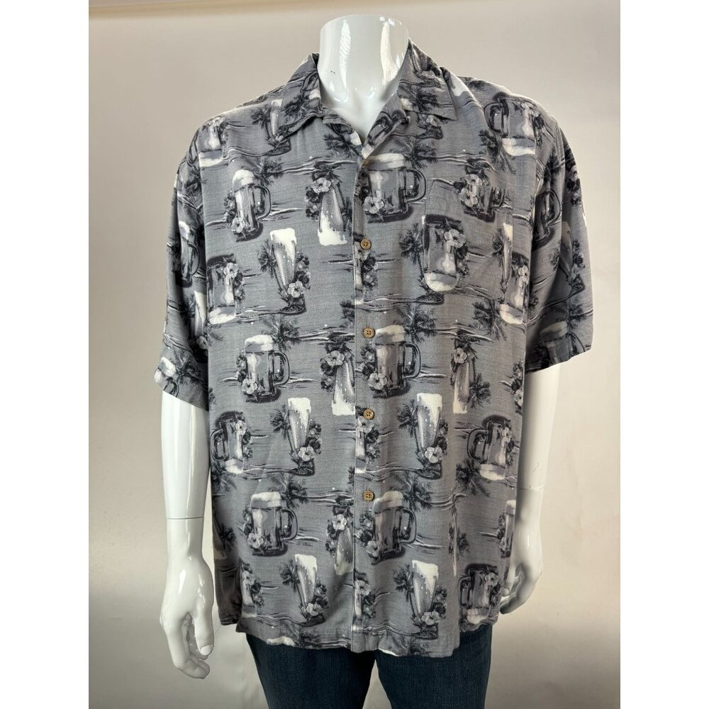 George Mens Large Rayon Grey Mist Hawaiian Print Short Sleeve Button-Up Shirt